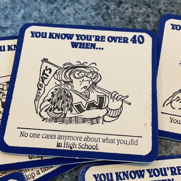 Vintage “Over Forty” box of beverage coasters from 1989. Never used. - Picture 4 of 9